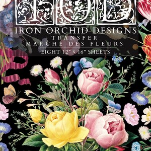 Peut inclure: Un motif floral avec des fleurs roses, jaunes et bleues sur fond noir. Le texte "IRON ORCHID DESIGNS" et "MARCHÉ DES FLEURS" est visible. Les feuilles mesurent 30,48 cm x 40,64 cm.