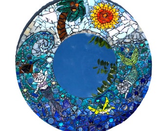 Ocean Mirror Art. Mosaic Under the Sea. Mermaid Decor. Mercat Artwork. Palm Tree Beach Life. Nautical Wall Hanging.