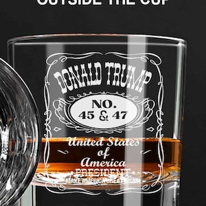Engraved Trump whiskey glass 11 oz. bourbon rock shot glass. Black label whiskey glass. Make America Great Again!