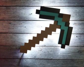 Minecraft pickaxe inspired LED nightlight. Game room Theme, Birthday Present, video game