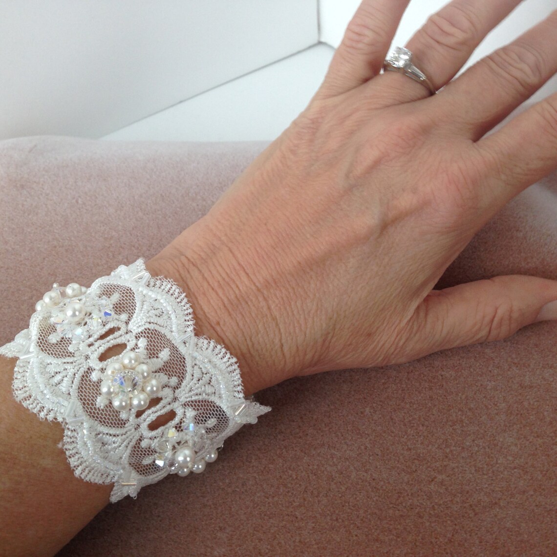 White Lace Bridal Cuff Bracelet With Swarovski Pearls, Swarovski
