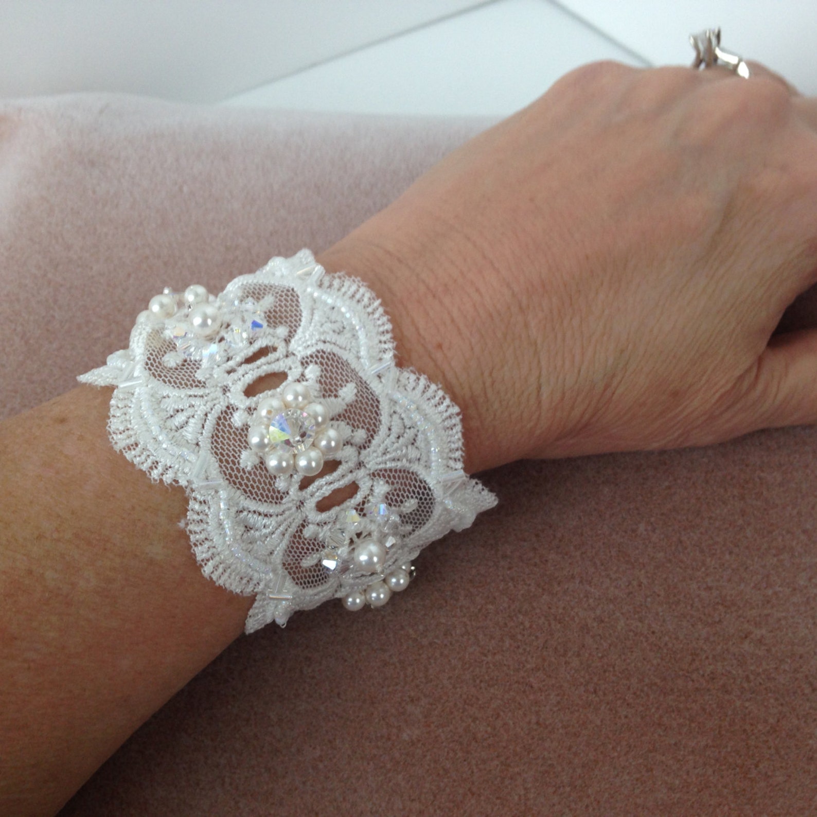 White Lace Bridal Cuff Bracelet With Swarovski Pearls, Swarovski