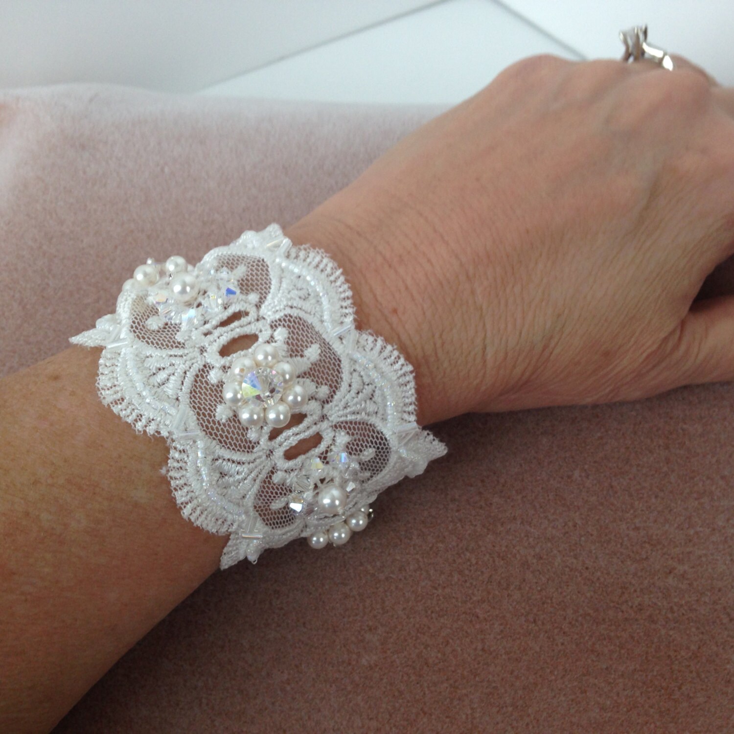 White Lace Bridal Cuff Bracelet With Swarovski Pearls, Swarovski