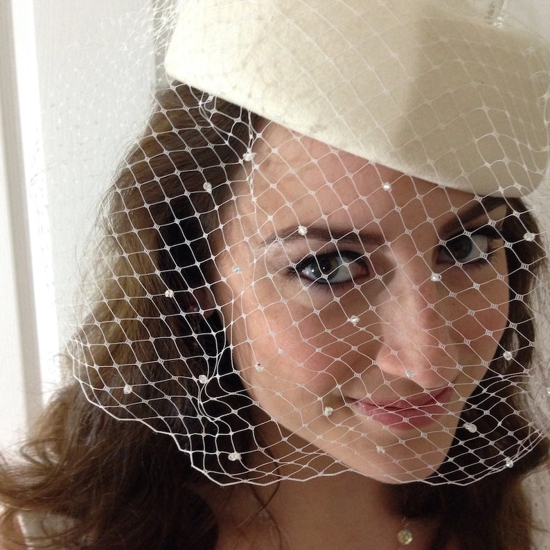 Bridal Hat With Birdcage Veil Crinoline Bow & Swarovski Etsy