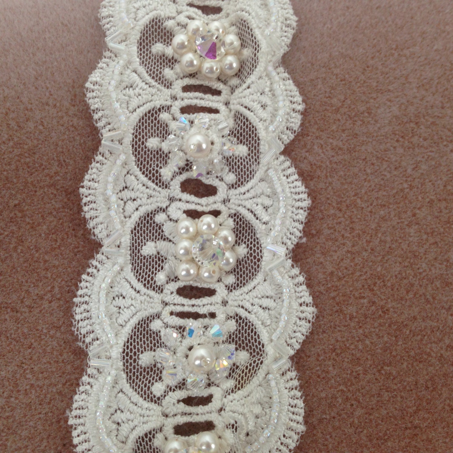 White Lace Bridal Cuff Bracelet With Swarovski Pearls, Swarovski