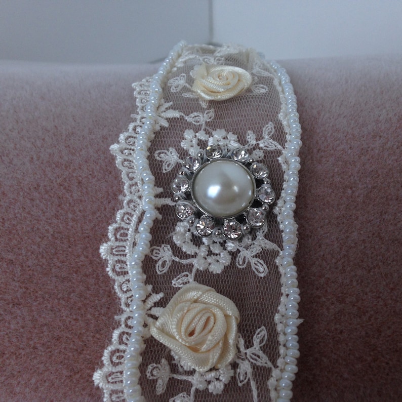 Ivory Lace Bridal Cuff Bracelet With Ribbon Roses, Pearl and Rhinestone