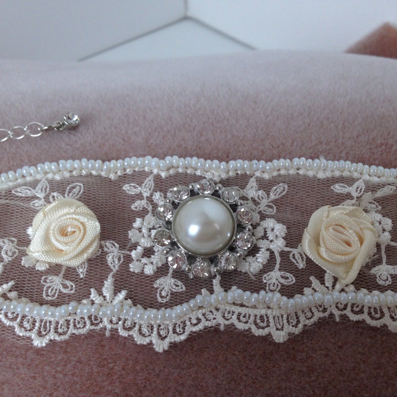 Ivory Lace Bridal Cuff Bracelet With Ribbon Roses, Pearl and Rhinestone
