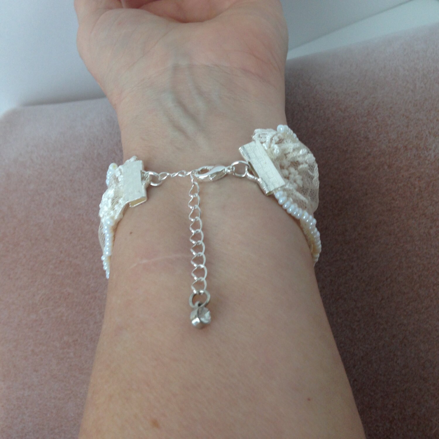 White Lace Bridal Cuff Bracelet With Swarovski Pearls, Swarovski