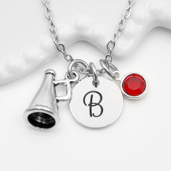 Custom cheer necklace, cheerleader necklace with initial, crystal and megaphone, cheer team, cheer coach, cheer captain