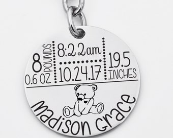nuevo padre Llavero, estado de nacimiento Keyring, Nuevas estadísticas de bebé, regalo para nuevos padres, llavero de la estadística de nacimiento personalizado, regalo personalizado para la nueva mamá