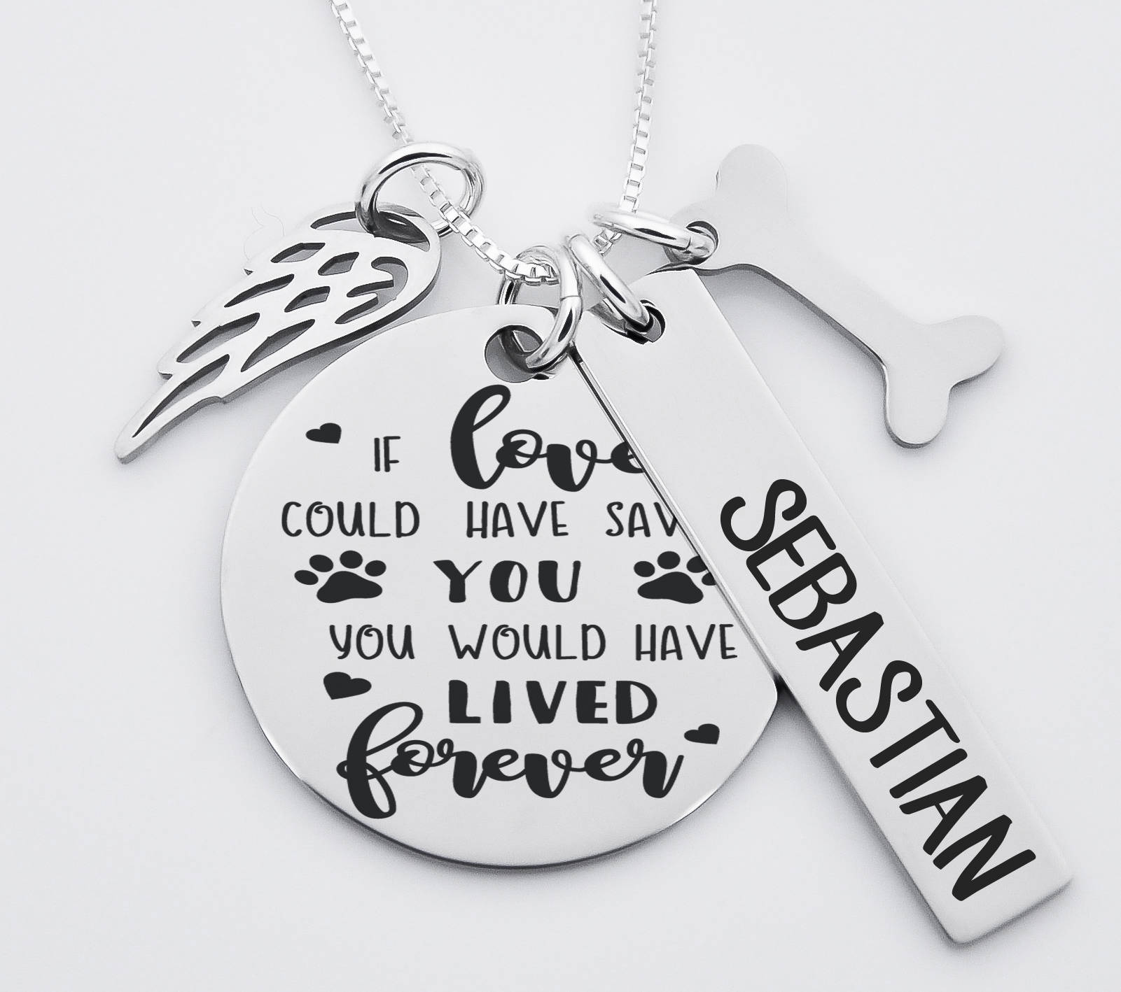 Pet loss gift, If love could have saved you, you would have lived forever, stainless steel necklace with wing and dog bone charm