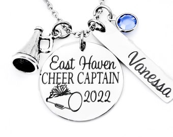 Custom Cheer Captain necklace, high school cheerleader, gift for girl, dance team, cheer, megaphone, cheerleader gift, coach gift