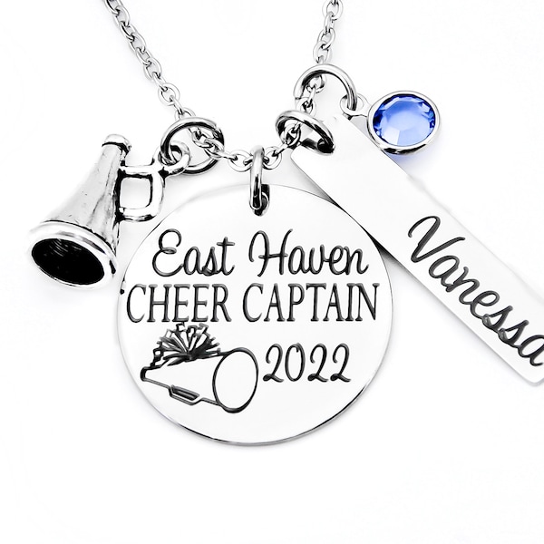 Custom Cheer Captain necklace, high school cheerleader, gift for girl, dance team, cheer, megaphone, cheerleader gift, coach gift