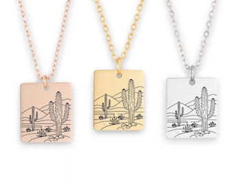 Arizona Necklace, Square Disc Pendant with Cactus & Mountain Design, Desert Landscape Jewelry, Southwest Gift for Women, state necklace
