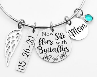 Memorial bracelet, Remembrance bracelet, memorial jewelry, Now she flies with butterflies, Mom