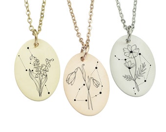 High quality Personalized birth flower and zodiac constellation necklace silver, rose gold or yellow gold Oval necklace.