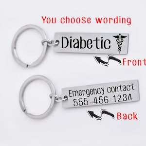 Medical Alert key chain, medical alert, diabetic, insulin, epi pen, allergies, Personalized, aareness gift