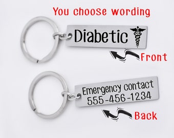 Medical Alert key chain, medical alert, diabetic, insulin, epi pen, allergies, Personalized, aareness gift