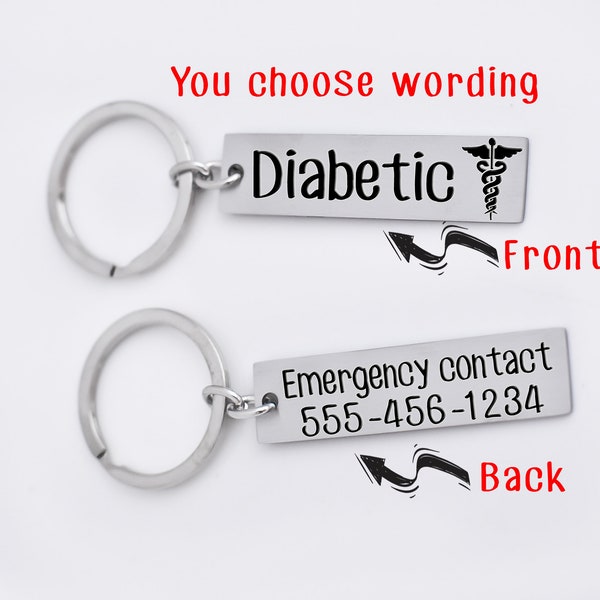 Medical Alert key chain, medical alert, diabetic, insulin, epi pen, allergies, Personalized, aareness gift