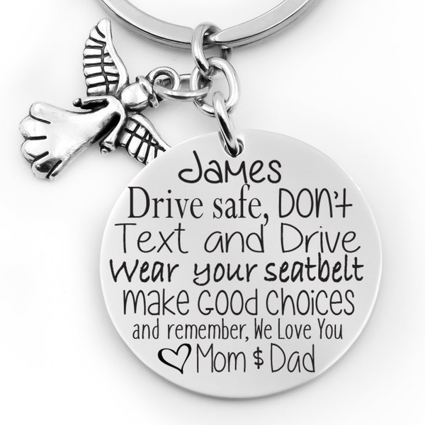 May include: Silver keychain with an angel charm and a round tag that reads "James Drive safe, DON'T Text and Drive Wear your seatbelt make Good Choices and remember, We Love You Mom $ Dad".