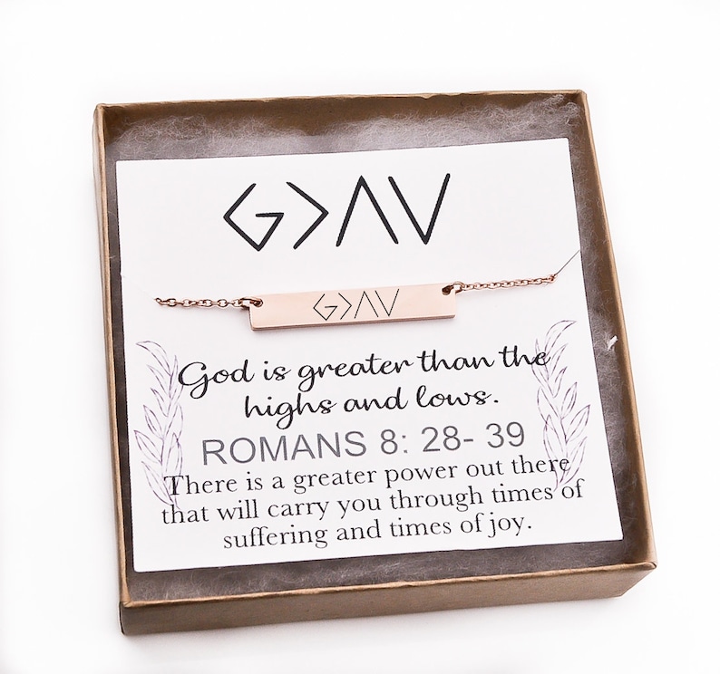 High quality, God is greater than the highs and the lows, customizable, Rose Gold bar necklace, bridesmaid gifts, silver, yellow gold 
