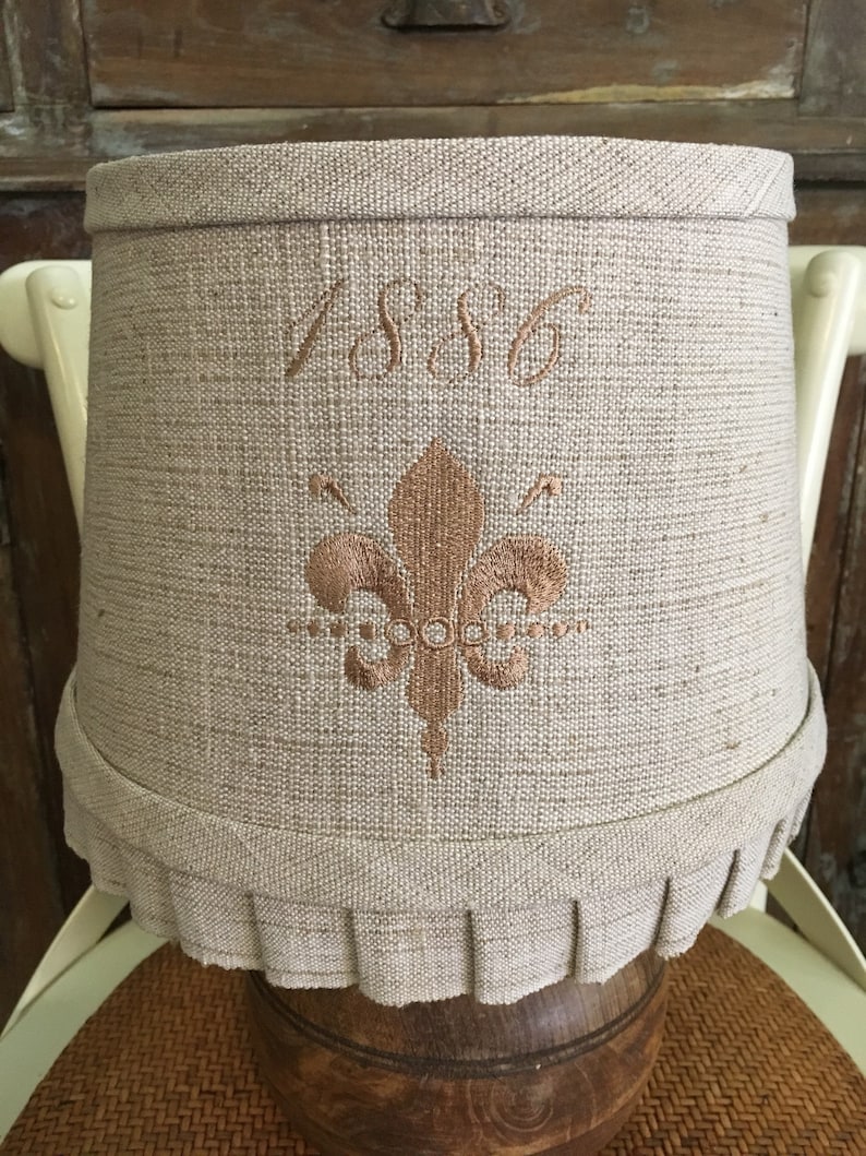 Vintage French Linen Covered Lampshade With Embroidered Fleur De Lis And 1886