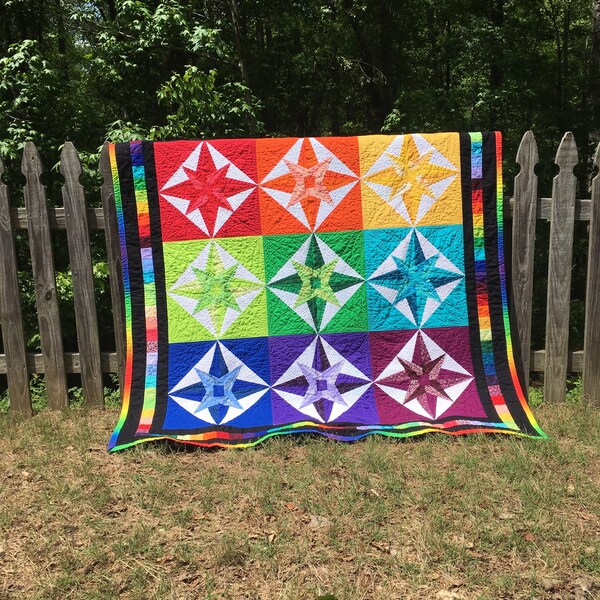 Rainbow Quilt, Mariner's Compass quilt rainbow, quilt wall home decor rainbow, finished quilt, LGBT gift, rainbow baby gift, ROYGBIV