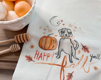 28" x 28" - Fall Tea Towel - Flour Sack -  Made In USA - Gift - Kitchen Decor - Halloween - Puppy - Pumpkins - Farmhouse - Fall - Dog