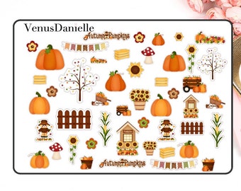 May include: A collection of autumn-themed stickers featuring pumpkins, sunflowers, scarecrows, and decorative elements. The stickers include the text "Autumn Pumpkins" and are in shades of orange, brown, and yellow.