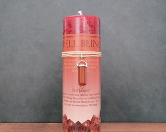 Well Being Crystal Energy Pillar Candle with Red Jasper Pendant