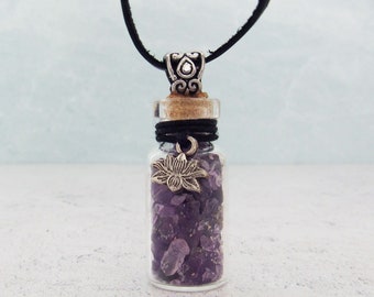 Amethyst Gemstone Bottle Necklace with Lotus Charm