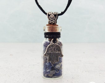 Lapis Lazuli Gemstone Bottle Necklace with Hamsa Charm