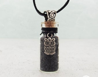 Black Tourmaline Gemstone Bottle Necklace with Owl Charm