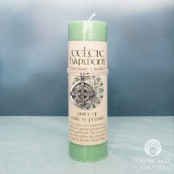 Unity of Male and Female Celtic Harmony Scented Pillar Candle with Pewter Pendant