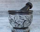 Floral Carved Soapstone Mortar and Pestle