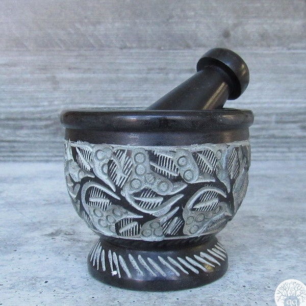 Floral Carved Soapstone Mortar and Pestle