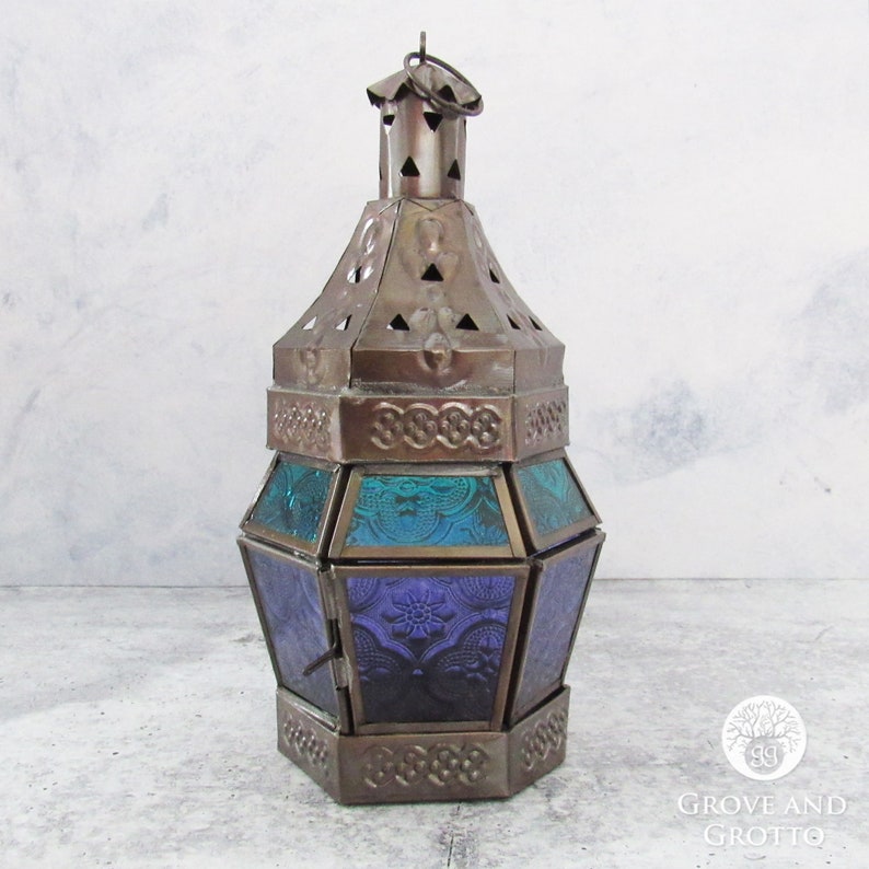 Glass and Metal Lantern purple and Teal Etsy