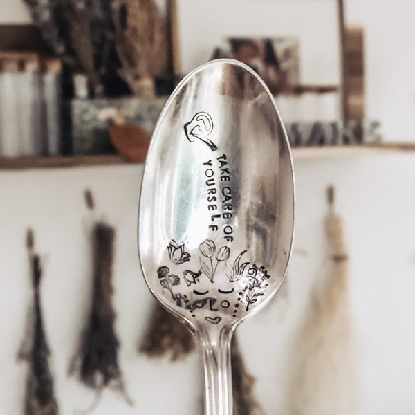 Take Care Of Yourself - Lady Spoon - Stamped Silver Spoon  Plant Lady - Stamped Coffee Spoon - Ladies - Best Friend Gift - Girl Power