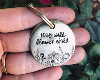 Stay Wild Flower Child keychain - Cactus Stamped Keychain - Brass Keychain - Key Ring - Stamped Brass - Lanyards - Metal - Key Accessory