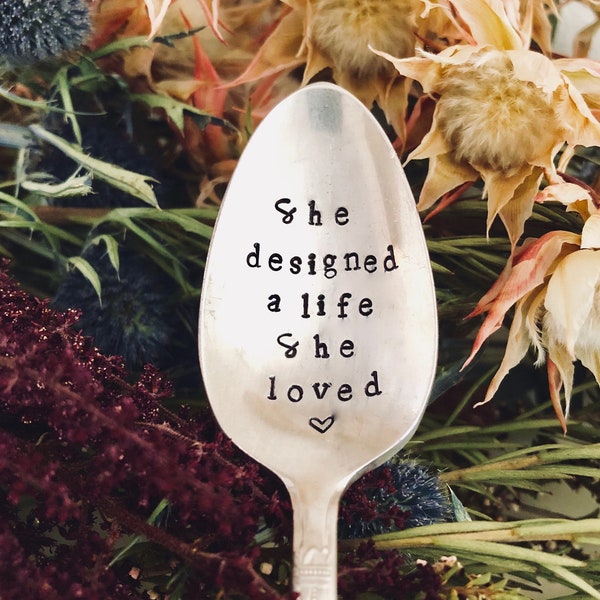 She Designed A Life She Loved, Girl Gift, Grad, Stamped Spoon, Christmas Gift, Stocking Stuffer, Coffee Spoon, Metal Stamping, Funny Gift