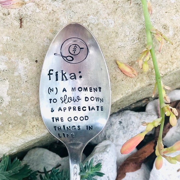 Fika Definition- Stamped Silver Spoon - Coffee Stirrer - Stocking Stuffer - Female - Stamped Coffee Spoon