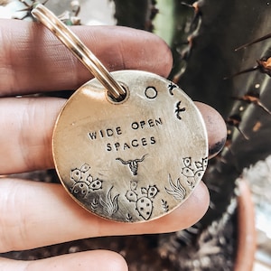 Wide Open Spaces keychain - Cactus Stamped Keychain - Brass Keychain - Key Ring - Stamped Brass - Lanyards - Metal - Key Accessory