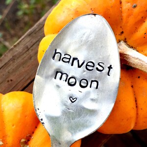 Op de afbeelding: Een zilveren lepel met de woorden "harvest moon" gegraveerd erop, met een klein hartje onder de tekst. De lepel ligt op twee oranje pompoenen.