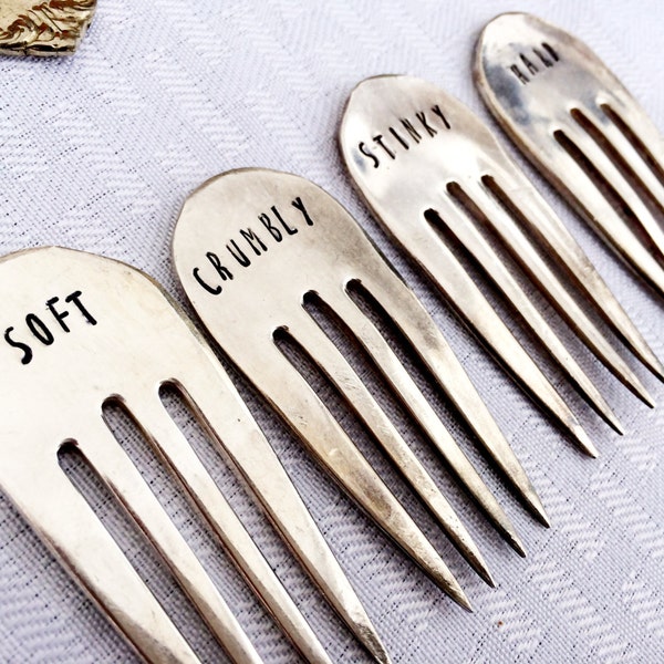 Cheese Forks, Cheese Markers, Stamped Forks, Stamped Silver, Housewarming Gift, Cheese Labels, Hostess Gift,  Stemless Forks, Cheese Gift