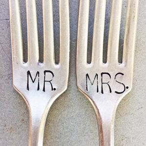 Mr and Mrs Forks, Stamped Forks, Stamped Silver, Wedding Gift, Bridal Shower Gift, Shower Gift, Mr. and Mrs. Set, Wedding Forks, Large Font image 1