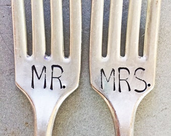 Mr and Mrs Forks, Stamped Forks, Stamped Silver, Wedding Gift, Bridal Shower Gift, Shower Gift, Mr. and Mrs. Set, Wedding Forks, Large Font