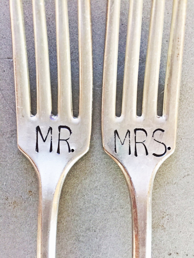 Mr and Mrs Forks, Stamped Forks, Stamped Silver, Wedding Gift, Bridal Shower Gift, Shower Gift, Mr. and Mrs. Set, Wedding Forks, Large Font image 1