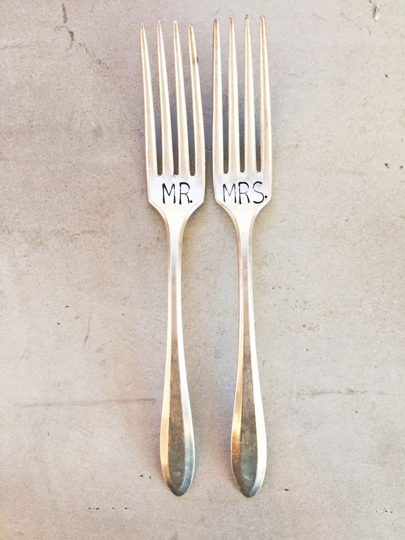 Mr and Mrs Forks, Stamped Forks, Stamped Silver, Wedding Gift, Bridal Shower Gift, Shower Gift, Mr. and Mrs. Set, Wedding Forks, Large Font image 4