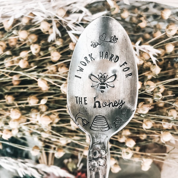 I work hard for the Honey - Bee Spoon - Stamped Silver Spoon - Coffee Cart - Coffee Station - Homestead - Stocking Stuffer - Gift For Him