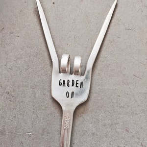 Garden Marker, Garden On, Stamped Silver, Gardener Gift, Mother&#39;s Day Gift, Stamped Fork, Garden Decor, Funny Gifts, Rock On Fork, Spring